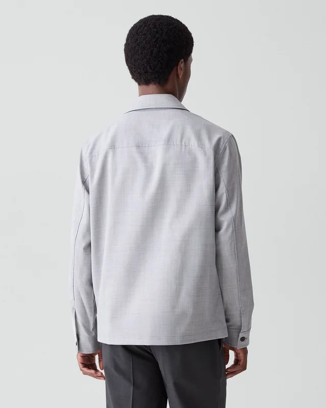 Theory Zip Overshirt in Motion Wool in VAPOR MELANGE 54% Virgin Wool, 25% Recycled Polyester, 20% Polyester, 1% Spandex, photo 3 of 12 from Theory