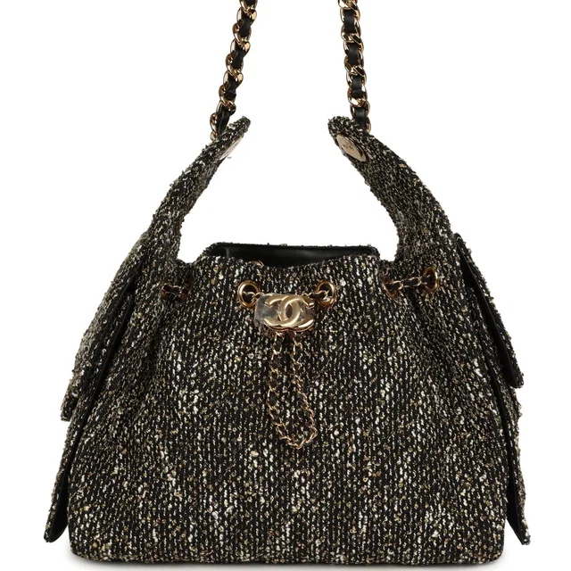 Chanel Small 25 Hobo Bag Black, White, Gold Tweed Bouclé Gold Hardware in Black Tweed from Madison Avenue Couture
