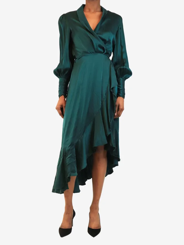 Zimmermann Emerald green long-sleeved silk wrap midi dress - size UK 8 from Sign of the Times