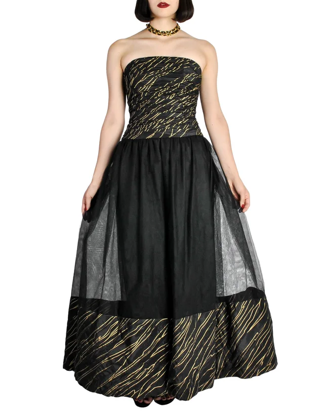 Chanel Vintage AW 1986 Black & Gold Silk Taffeta & Tulle Evening Gown in Black Silk from Amarcord Vintage Fashion