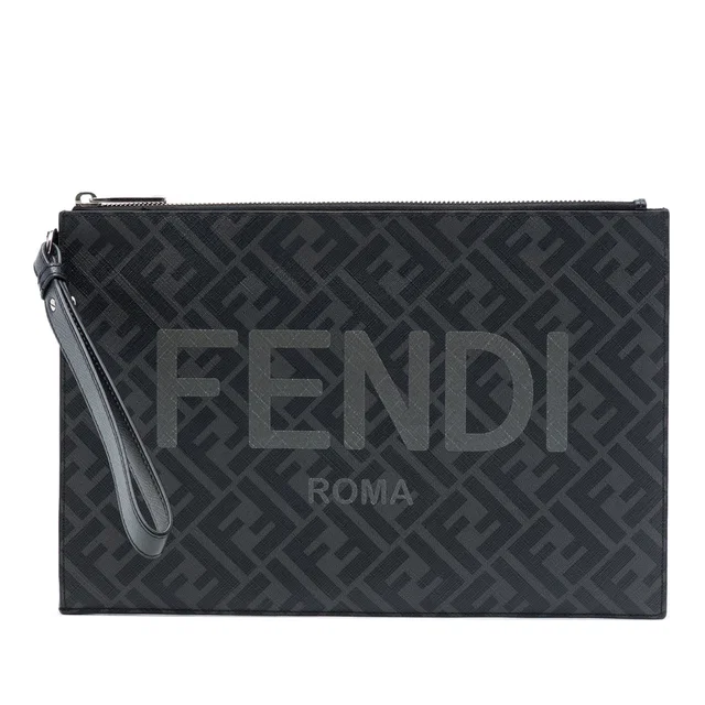 Gray Fendi Zucca Coated Canvas FF 1974 Diagonal Logo Flat Pouch Clutch Bag in Grey Coated canvas from Designer Revival