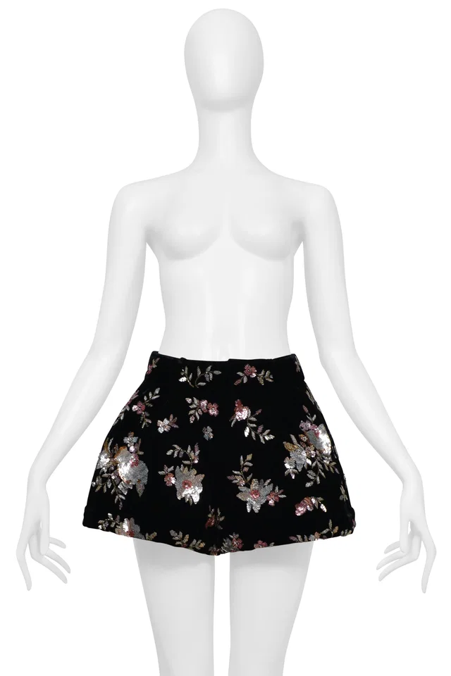 Saint Laurent Black Velvet Shorts With Floral Sequin Embroidery in Black Velvet from Resurrection Vintage