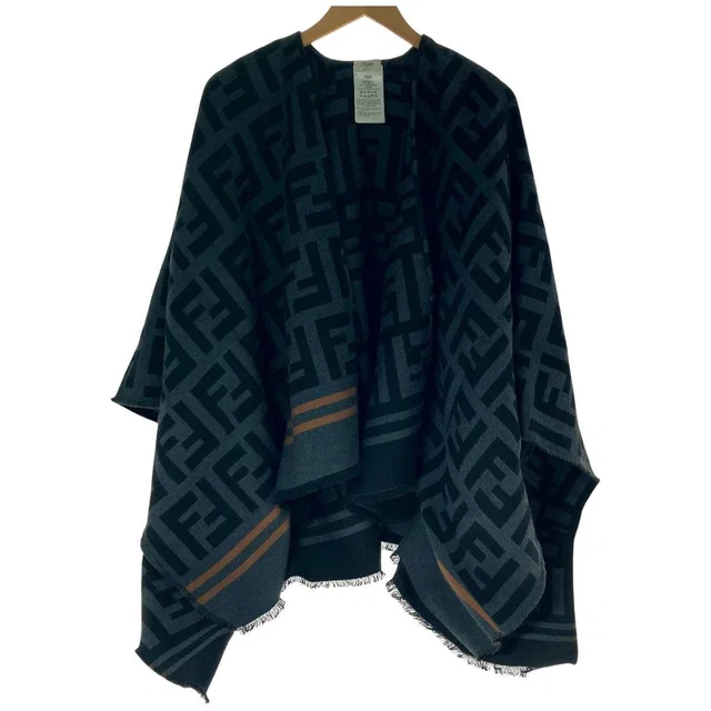 Fendi Zucca Pattern Poncho Tu Size Fxx636 A3 Q1 Black Gray Stole Wool Silk in Black Silk from The Reluxe