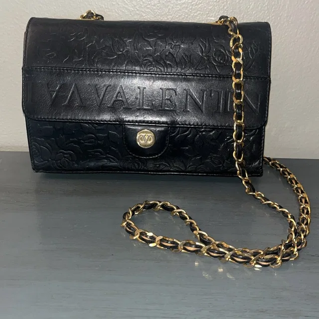 Valentino Garavani Vintage Black Leather Chain Shoulder Purse W Rose Flower Euc in black|gold Leather from Poshmark