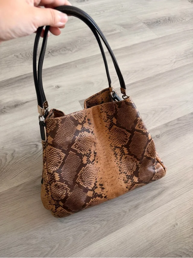Coach Brown Snake-Print Shoulder Bag With Black Handles in black|brown|red Leather from Poshmark