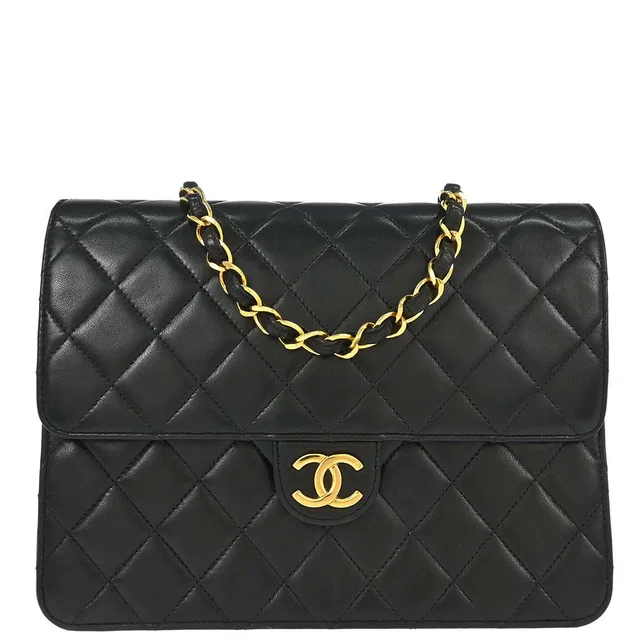 Chanel 1991-1994 Black Lambskin Pushlock Small Half Flap Shoulder Bag in Black Lambskin from AMORE Vintage Tokyo