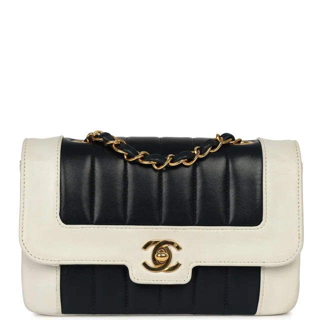 Chanel Vintage Mini Mademoiselle Flap White, Navy Lambskin Gold Hardware in White Lambskin from Madison Avenue Couture