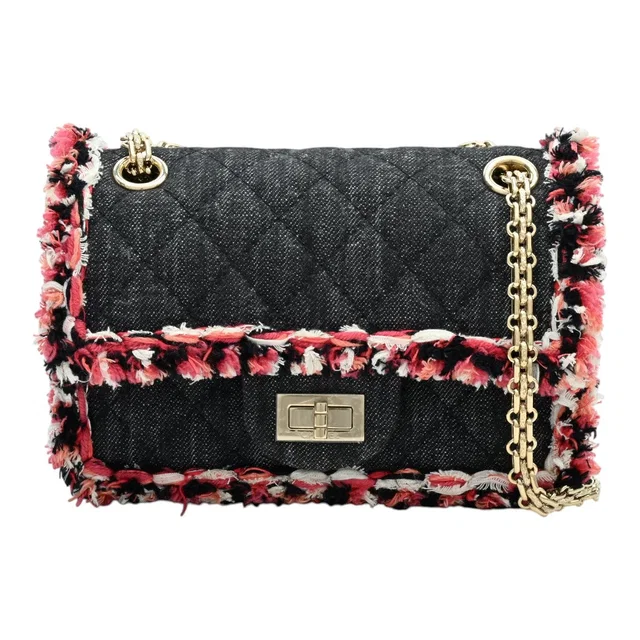 Chanel 2017 Vintage Denim Tweed Combo 2.55 Chain Shoulder Bag 20cm Black/Pink/White in Black Tweed from VINTAGE QOO TOKYO