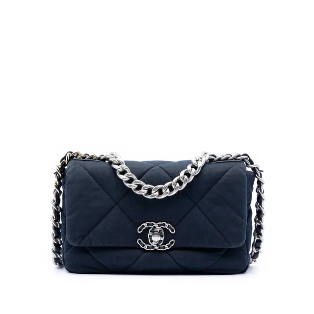Blue Chanel Medium Quilted Jersey 19 Flap Satchel in Blue Woven leather from Designer Revival