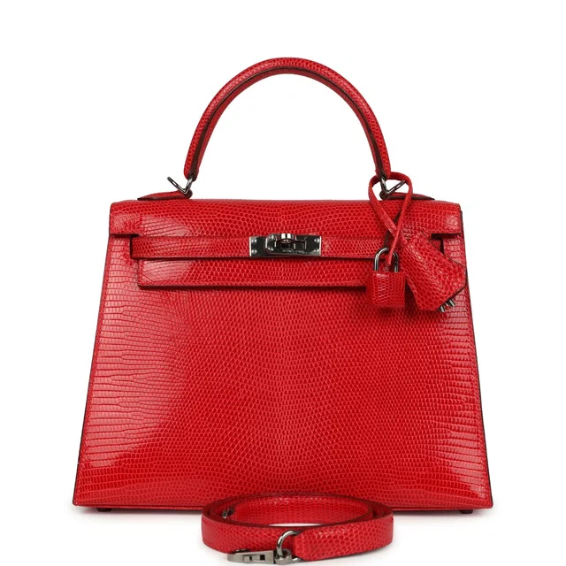 Hermès Vintage Kelly Sellier 25 Rouge Moyen Varanus Niloticus Lizard Ruthenium Hardware in Red Lizard from Madison Avenue Couture