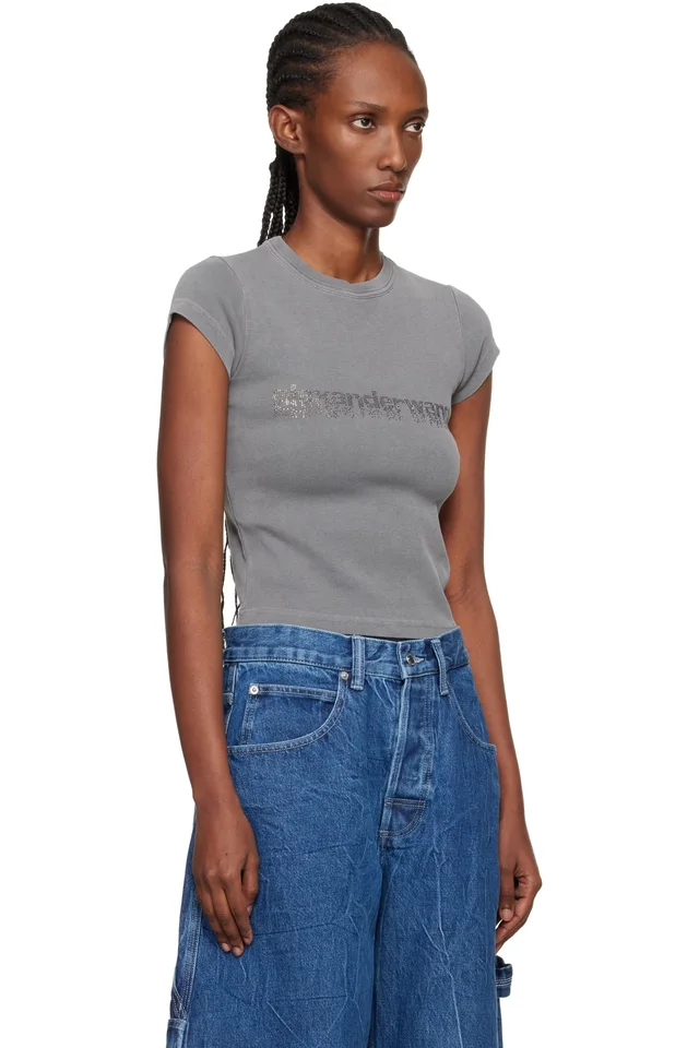 Alexander Wang Gray Crystal Logo Cotton Baby T-shirt, photo 2 of 4 from SSENSE