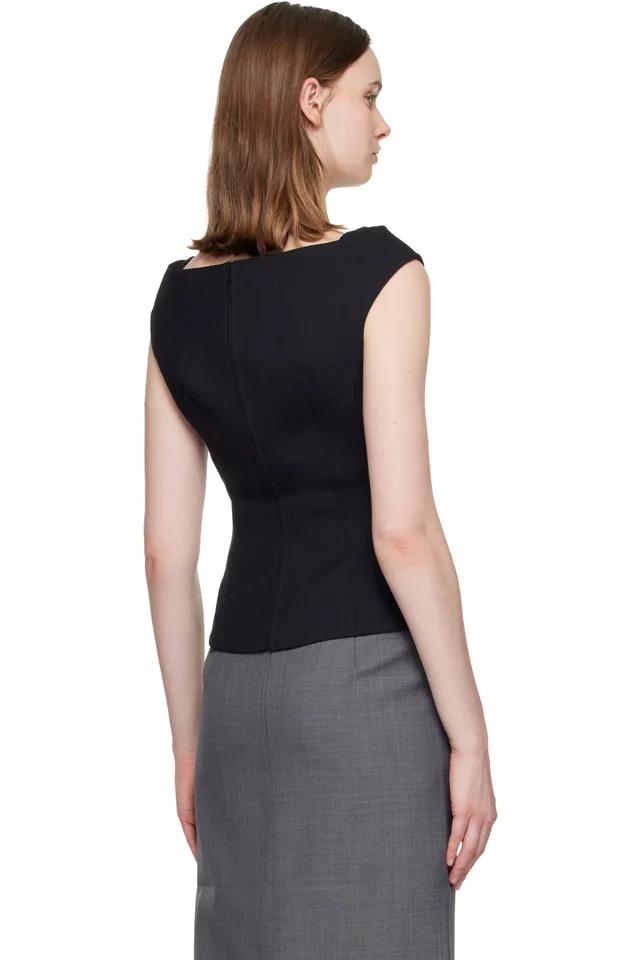 SHUSHU/TONG Navy Keyhole Cold-Shoulder Crop Top, photo 3 of 4 from SSENSE