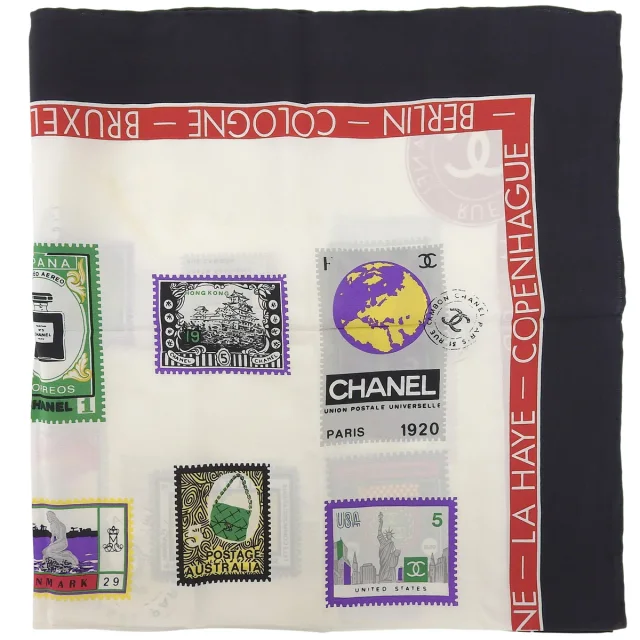 Chanel Stamp Pattern Scarf Ivory/Black in Black Silk from VINTAGE QOO TOKYO, photo 3 of 10
