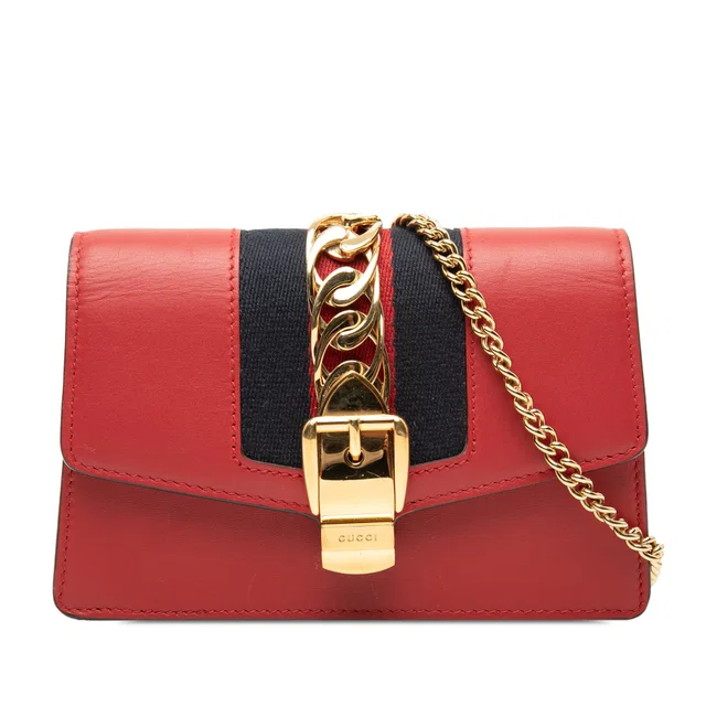 Red Gucci Super Mini Calfskin Sylvie Chain Crossbody in Red Calfskin from Designer Revival