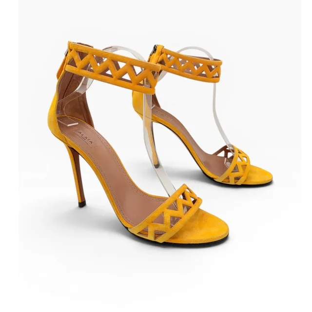 Alaïa Paris Sandales Chamois 40 Laser Cut Ocre Yellow Suede Stiletto Sandals Box in yellow Suede from Poshmark
