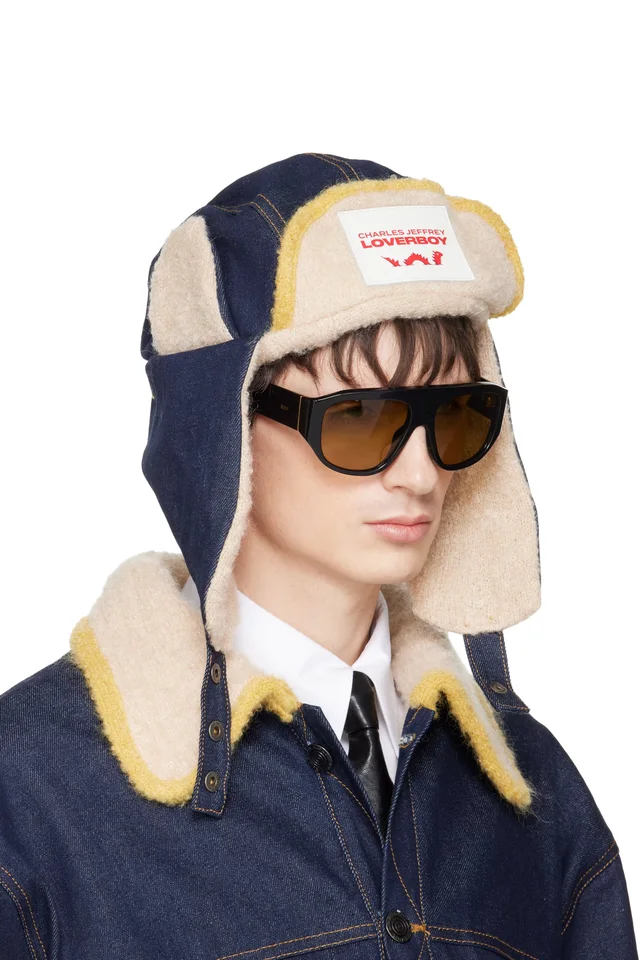 Charles Jeffrey LOVERBOY Navy & Beige Knit Patch Trapper Hat, photo 2 of 3 from SSENSE
