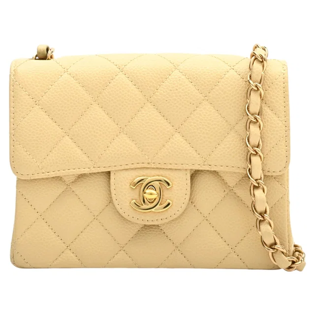 Chanel 2004-era Caviar Skin Classic Flap Chain Bag Mini Ivory in White Caviar leather from VINTAGE QOO TOKYO