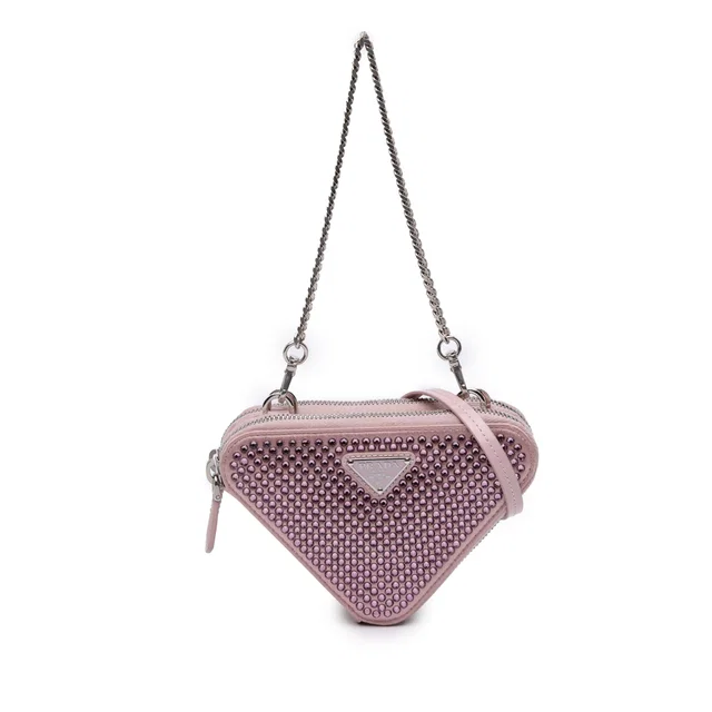 Pink Prada Mini Crystal Embellished Satin and Leather Triangle Pouch Satchel in Pink Satin from Designer Revival