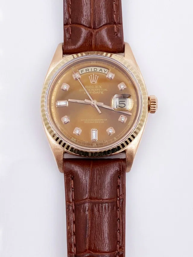 President Day Date 1803 Chocolate Diamond Dial 18K Rose Gold Leather Strap | Rolex | Buy at in Brown Leather from Truefacet