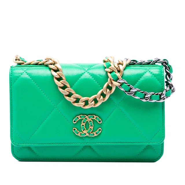 Green Chanel Quilted Lambskin 19 Wallet on Chain Satchel in Green Lambskin from Designer Revival