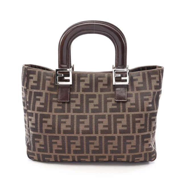 Fendi Tote Zucca Brown Black Canvas Leather Handbag in Black Canvas from The Reluxe