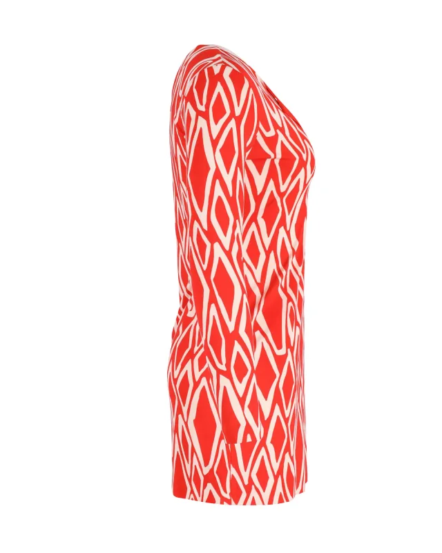 Diane von Furstenberg Printed Mini Dress in Coral Red Silk in Red, photo 2 of 3 from ShopSimon