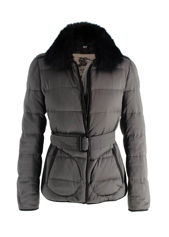 Burberry Grey Belted Puffer Coat with Faux Fur Trim in Grey from HEWI