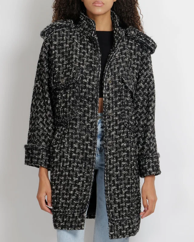 Chanel Pre-Fall 2013 Black and White Tweed Coat with Pocket Details and Silver CC Logo Buttons Size… in Black Tweed from Sellier