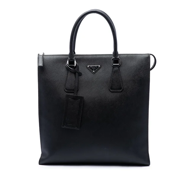 Black Prada Saffiano North South Tote in Black Saffiano leather from Designer Revival