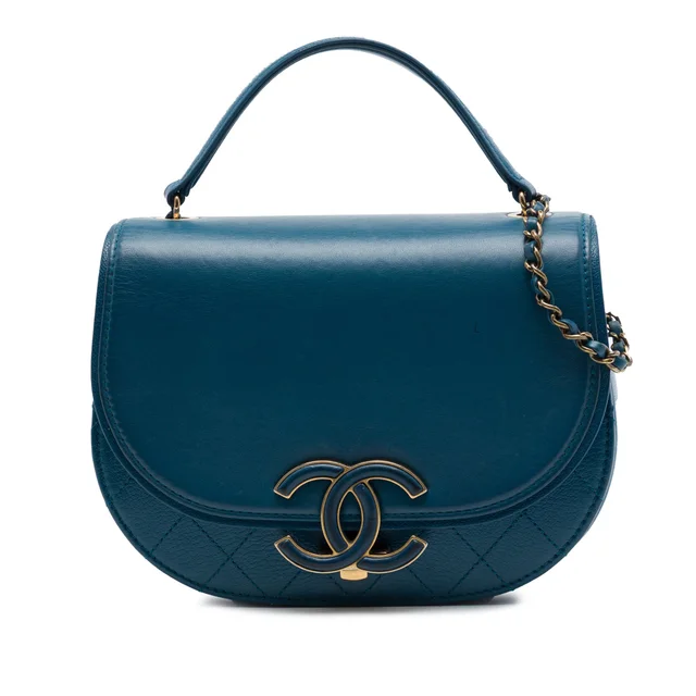 Blue Chanel Small Shiny Calfskin and Quilted Goatskin Coco Curve Flap Satchel in Blue Calfskin from Designer Revival