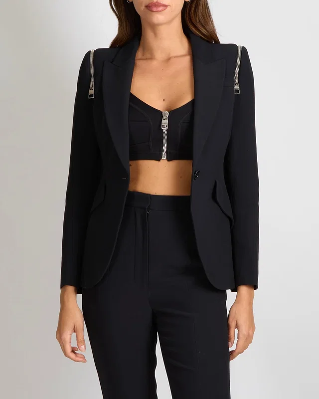 Alexander McQueen Black Blazer with Silver Zipper Shoulder Details Size IT 36 (UK 4) in Black from Sellier