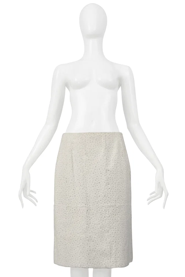 Fendi By Karl Lagerfeld White Fur Skirt With Swarovski Crystals 1999 in White Wool from Resurrection Vintage