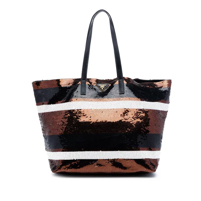 Brown Prada Sequined Satin Stripes Tote in Brown Satin from Designer Revival