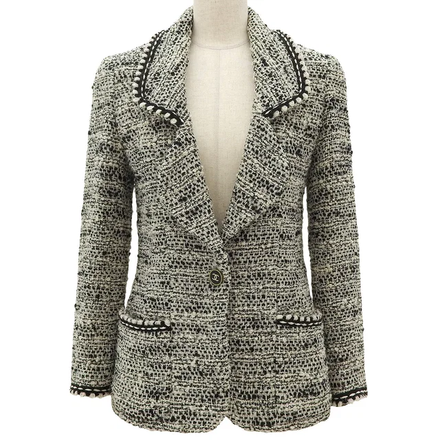 Chanel 1994 Tweed CC Mark Button Jacket #38 Black/White in Black Tweed from VINTAGE QOO TOKYO