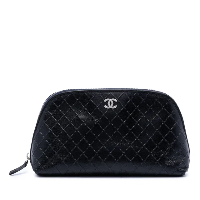 Black Chanel CC Diamond Embossed Calfskin Cosmetic Pouch in Black Calfskin from Designer Revival