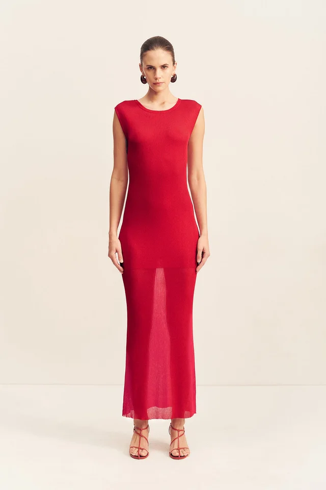 Shona Joy ROHE SHEER KNIT CAP SLEEVE MIDI DRESS - CHERRY from Shona Joy, photo 1 of 1
