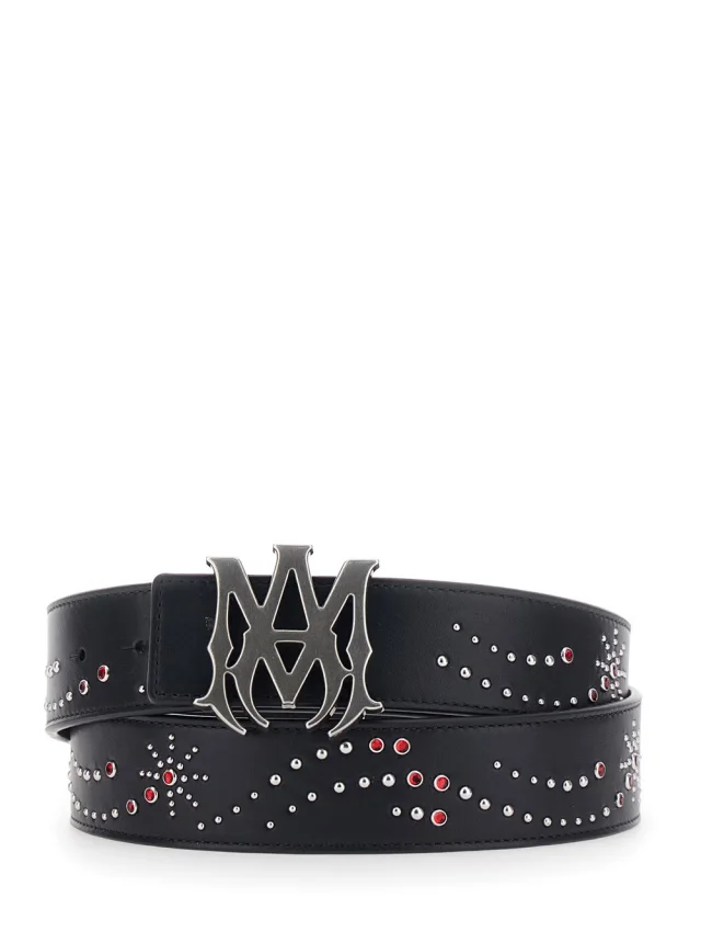 Belt with Logo Buckle Closure on the Front and All-Over Stud Decoration in Black Leather for Men in Black, image 1 of 1 from Gaudenzi Boutique