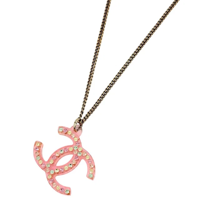 Chanel CC Logo Rhinestone Necklace Plastic Pink Gold in Pink from The Reluxe