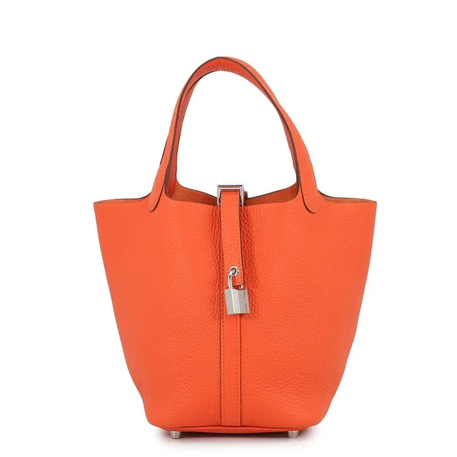 Hermès Handbag Picotin Lock PM Tangerine Silver Taurillon Clemence Tote in Silver Clemence leather from The Reluxe
