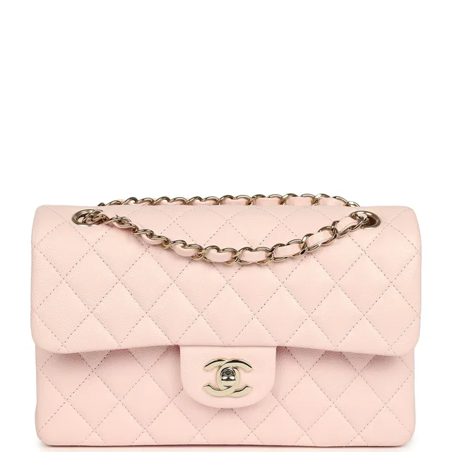Chanel Small Classic Double Flap Bag Light Pink Shiny Caviar Light Gold Hardware in Pink Caviar leather from Madison Avenue Couture