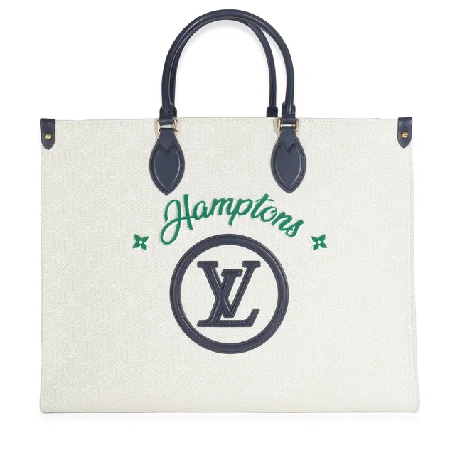 Louis Vuitton Blue Beige Jacquard Embroidered Tufted Monogram Hamptons Onthego G Beige; Canvas Handbag in Beige Canvas from HEWI