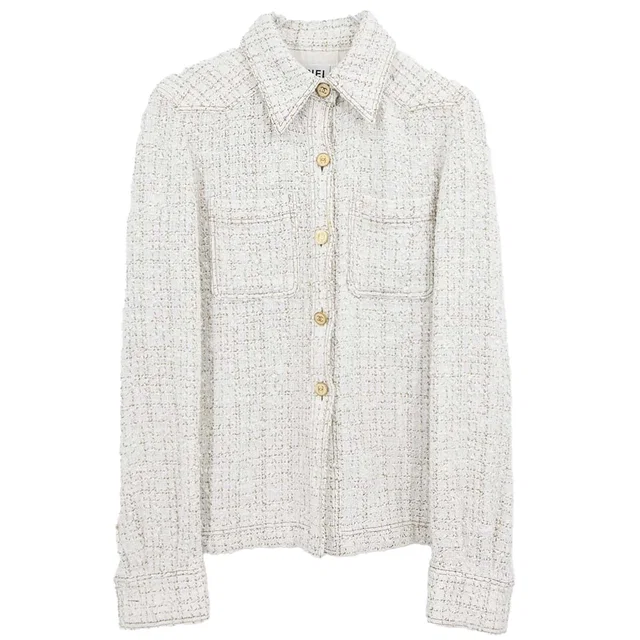 Chanel 2001 Single Breasted Tweed Jacket White #38 in White Tweed from AMORE Vintage Tokyo