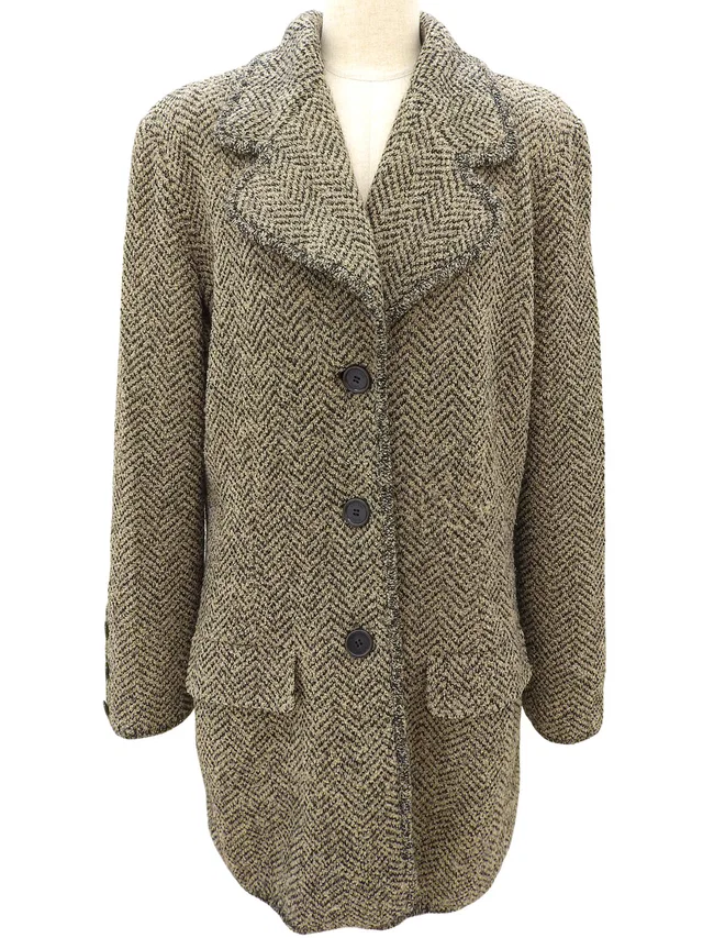 Celine Wool Herringbone Pattern Logo Button Jacket #42 Beige/Black in Black Wool from VINTAGE QOO TOKYO
