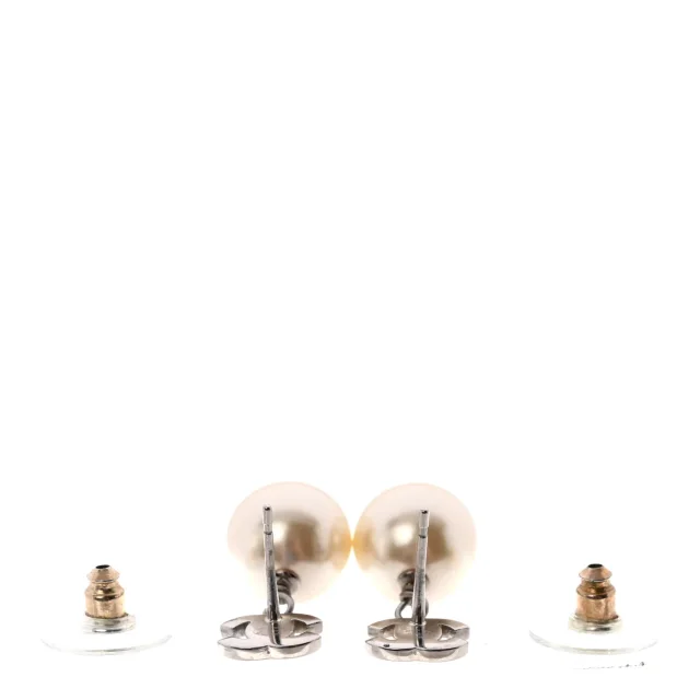 Chanel Crystal Pearl CC Drop Earrings Silver Pearly White in White Resin from FASHIONPHILE, photo 3 of 5