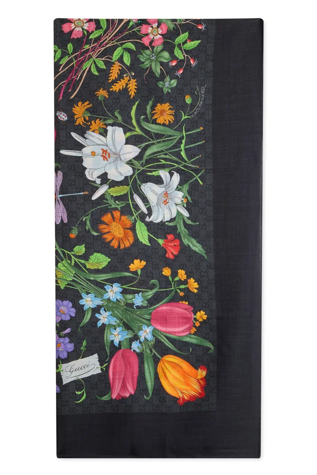 Gucci Floral Silk-Wool Scarf — Black Scarfs in Black Silk from HEWI