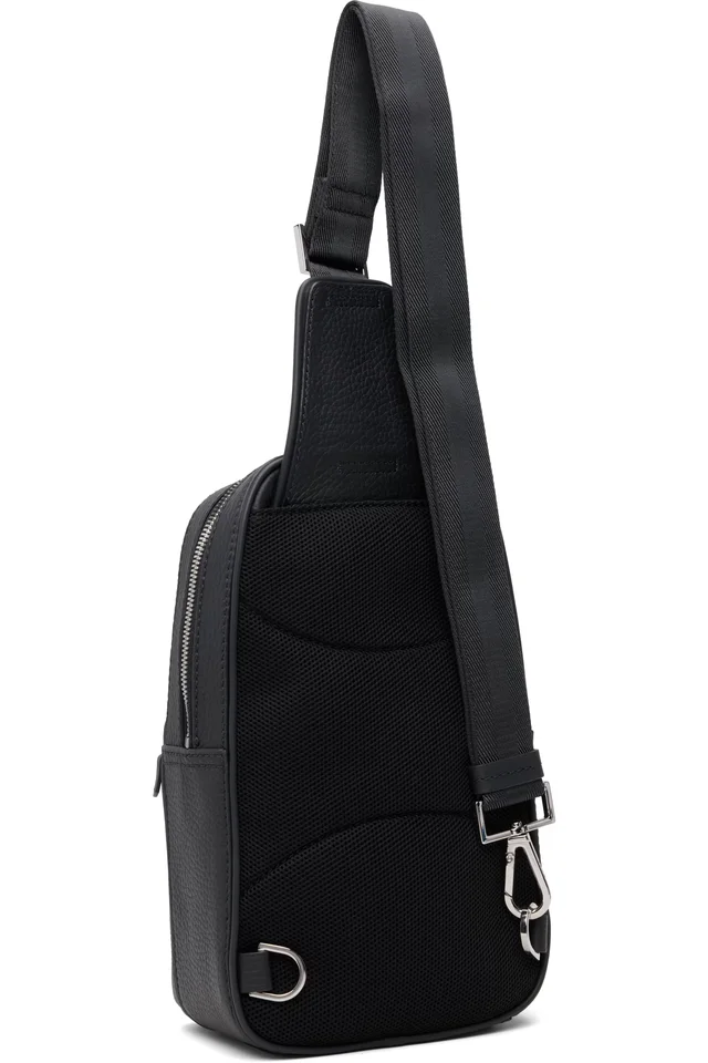 BOSS Navy Leather Logo-Embossed Sling Bag, photo 3 of 4 from SSENSE