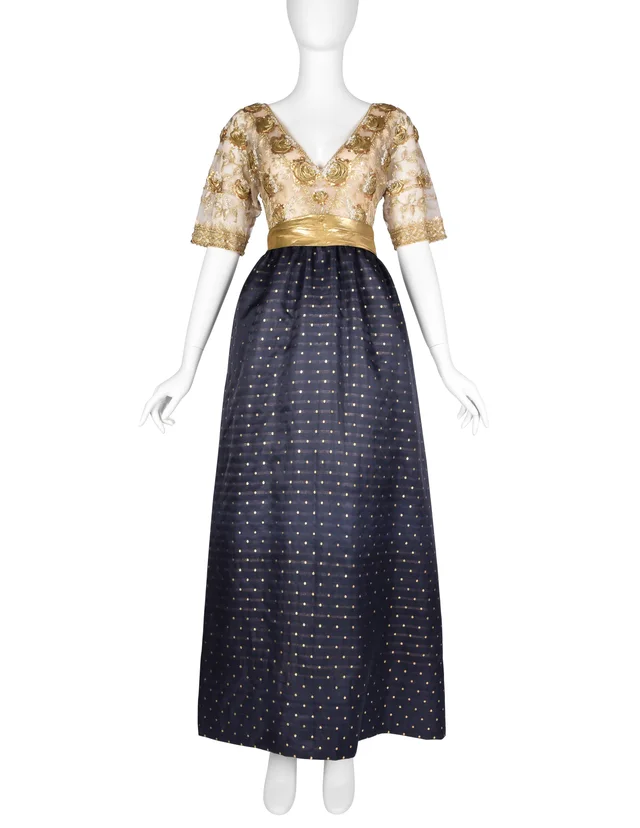 Givenchy Haute Couture Vintage 1970s Gold Embellished Bodice and Blue Silk Faille Evening Gown in Blue Silk from Amarcord Vintage Fashion