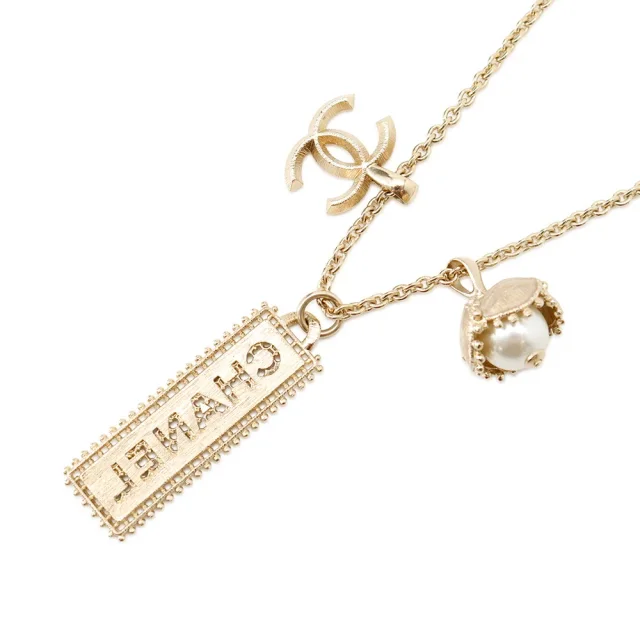 Chanel CC Logo Rhinestone Faux Pearl Necklace Champagne GoldABC199 B14735 Gold Plated Rhinestone Faux… in Gold from GALLERY RARE, photo 3 of 10