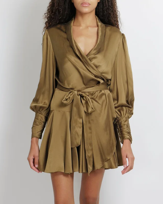 Zimmermann Olive Green Silk Wrap Mini Dress Size 3 (UK 14) in Green Silk from Sellier