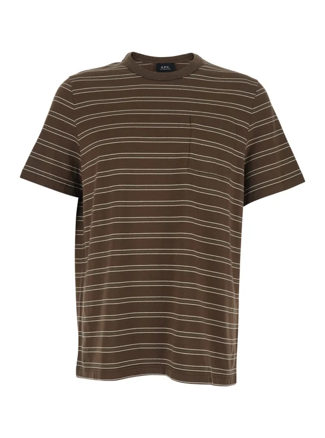 A.p.c. Brown Crew Neck T-Shirt with Striped Motif and Logo on Front in Cotton for Men in Brown 50% Biological Cotton 50% Cotton from Gaudenzi Boutique, photo 1 of 1